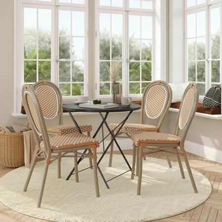 FLASH FURNITURE Lourdes Thonet French Bistro Stacking Chair, Natural/White PE Rattan and Bamboo Print Alum Frm, 4PK 4-SDA-AD642002S-NATWH-LTNAT-GG